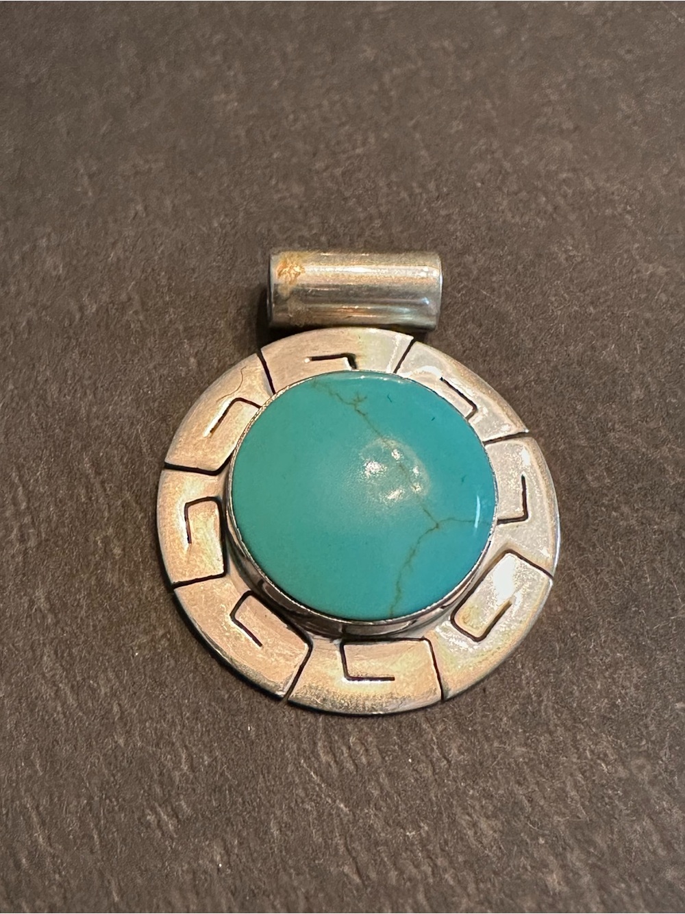 Sterling Silver and Turquoise Silver Pendant Necklace with Greek Key Design